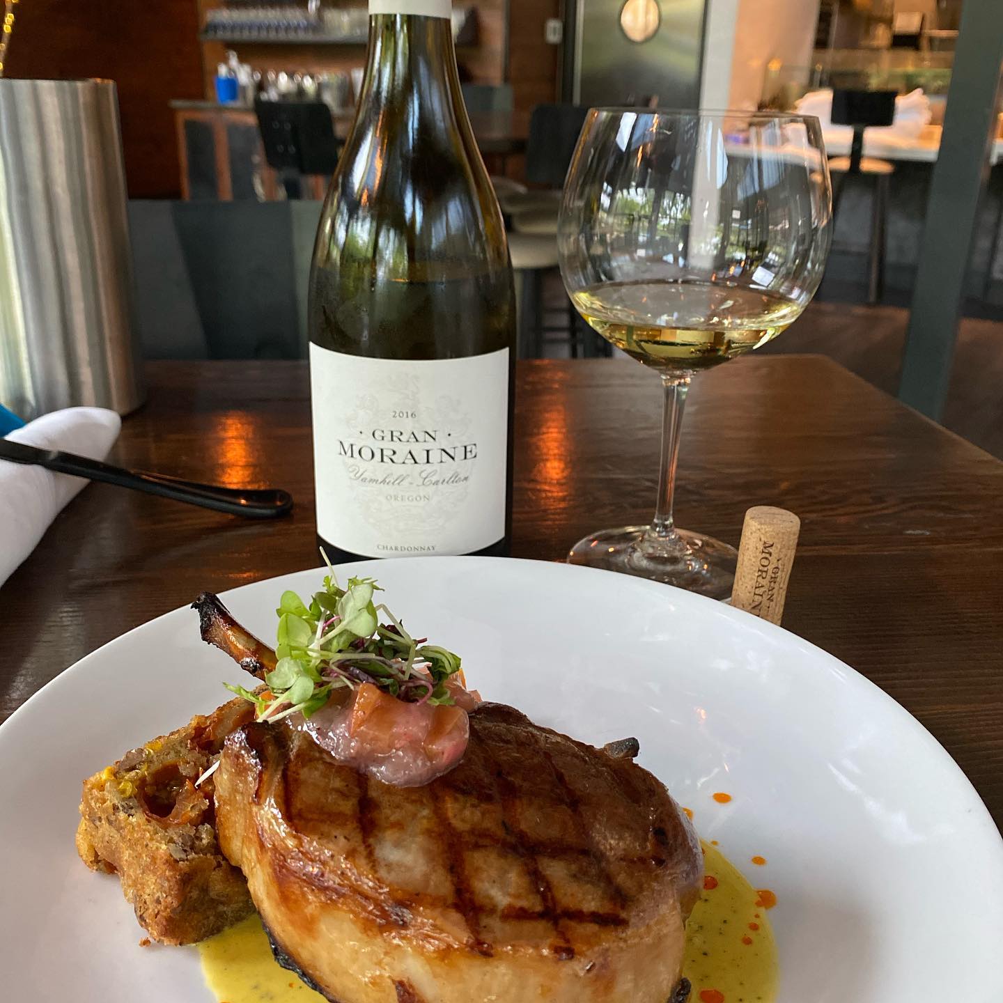 Pork chop and 2016 Gran Moraine Chardonnay hit the spot tonight at Tavern on Kruse. I w…